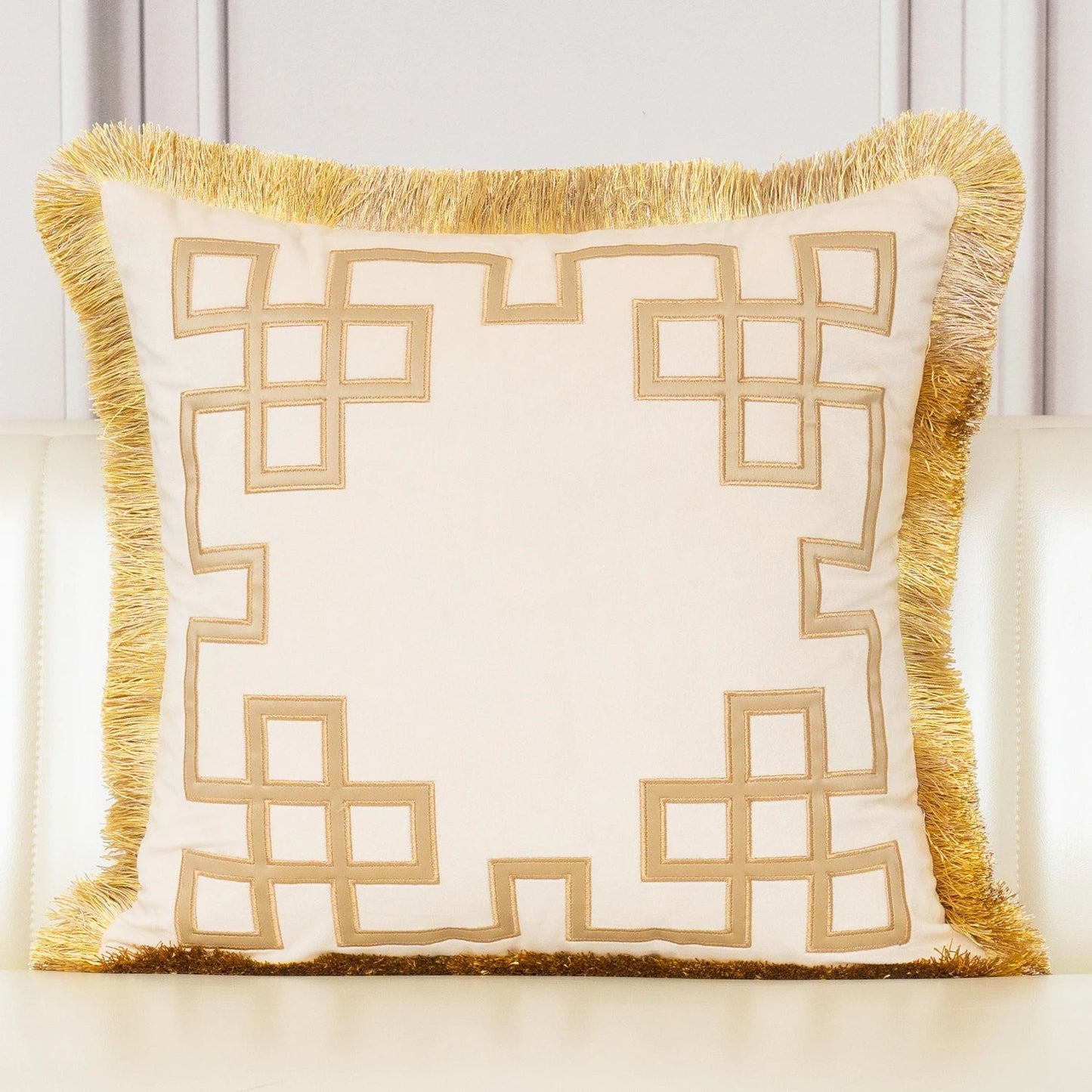 Tasseled Velvet Cushion Cover Style A-BEIGE