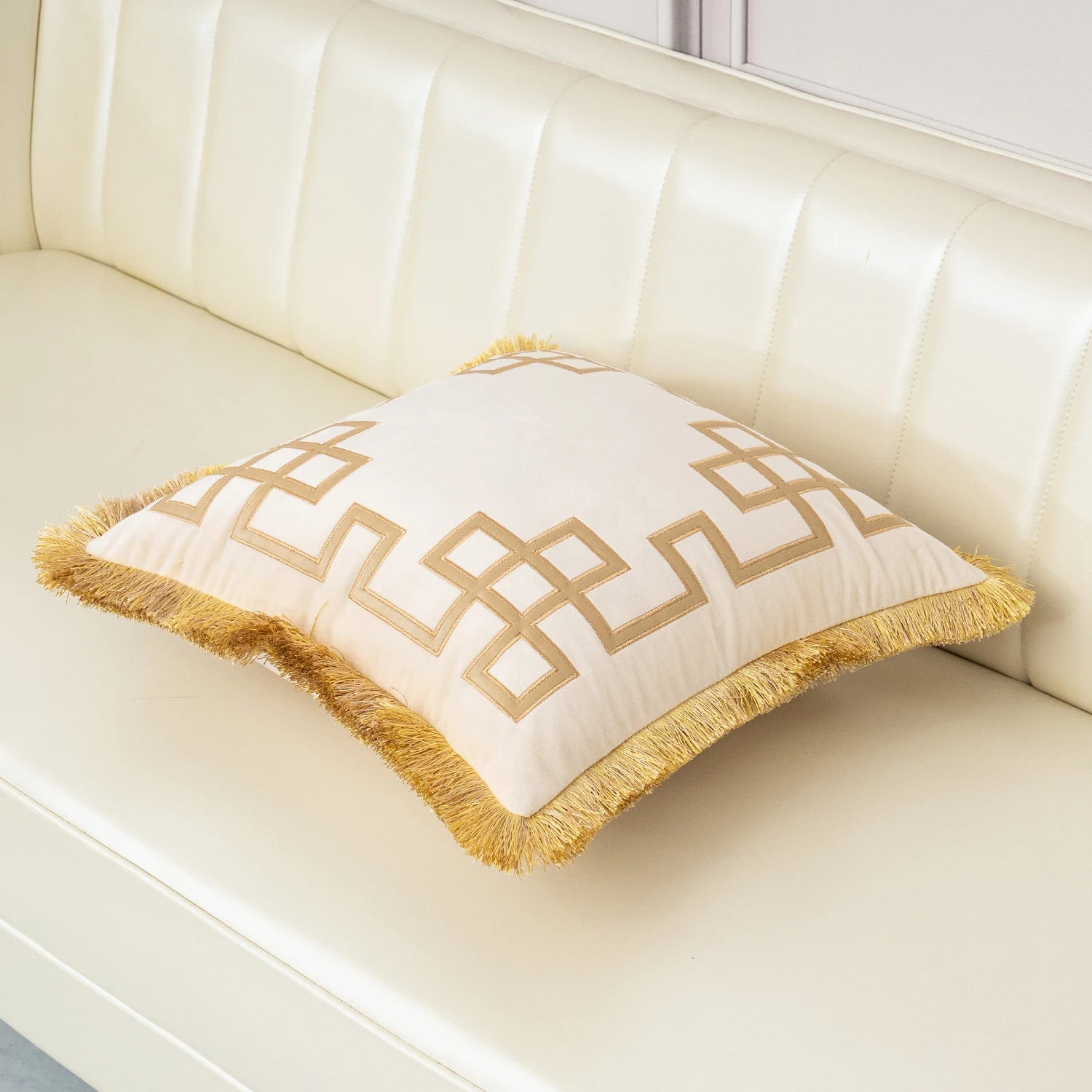 Tasseled Velvet Cushion Cover Style A-BEIGE Detail