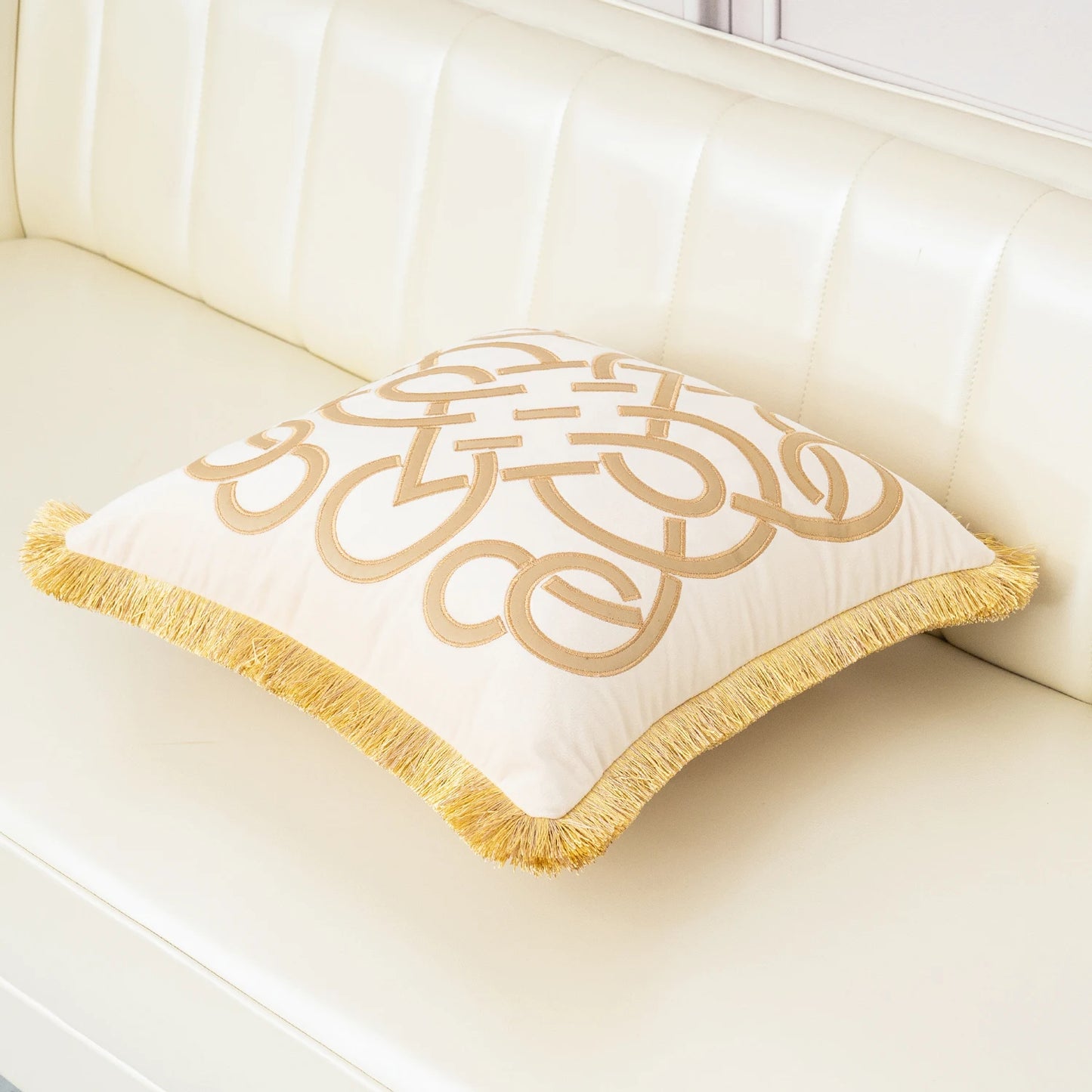 Tasseled Velvet Cushion Cover Style B-BEIGE Detail