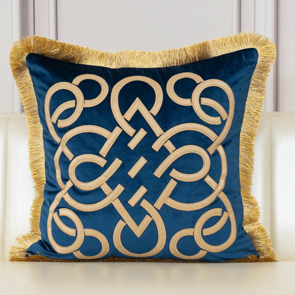 Tasseled Velvet Cushion Cover Style B-BLUE Frontside