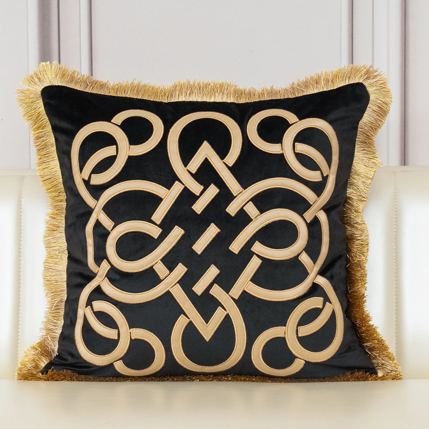 Tasseled Velvet Cushion Cover Style B-Black Frontside